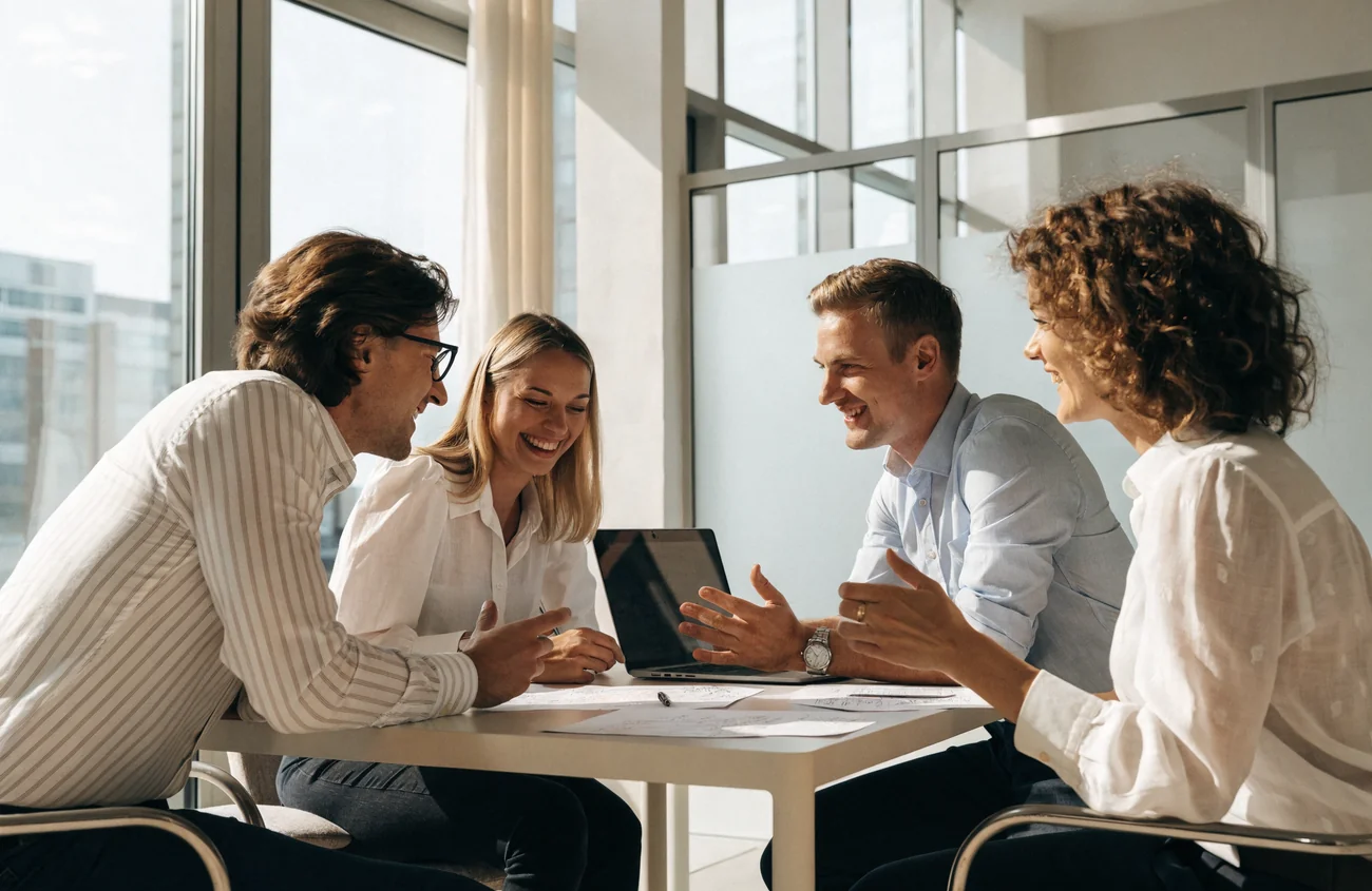 Team beim gemeinsamen Arbeiten am Laptop in hellem modernem Büro